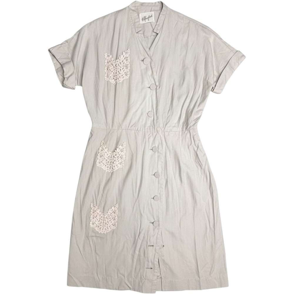 Vintage AJ Bari Grey Button Front Midi Dress Lace Applique Short Sleeve